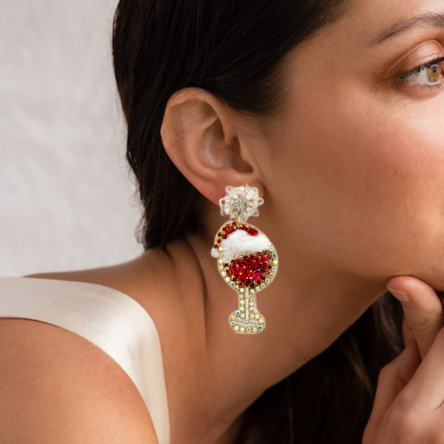 Festive Wine Glass Christmas Beaded Rhinestone Earrings