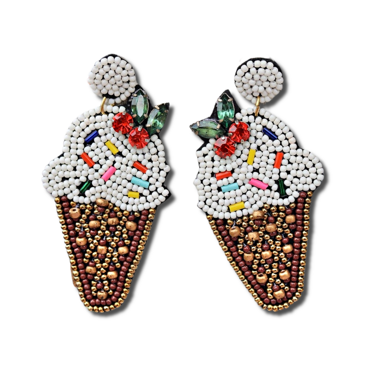 Seed Beaded Cherry Top Ice Cream Cone Earrings