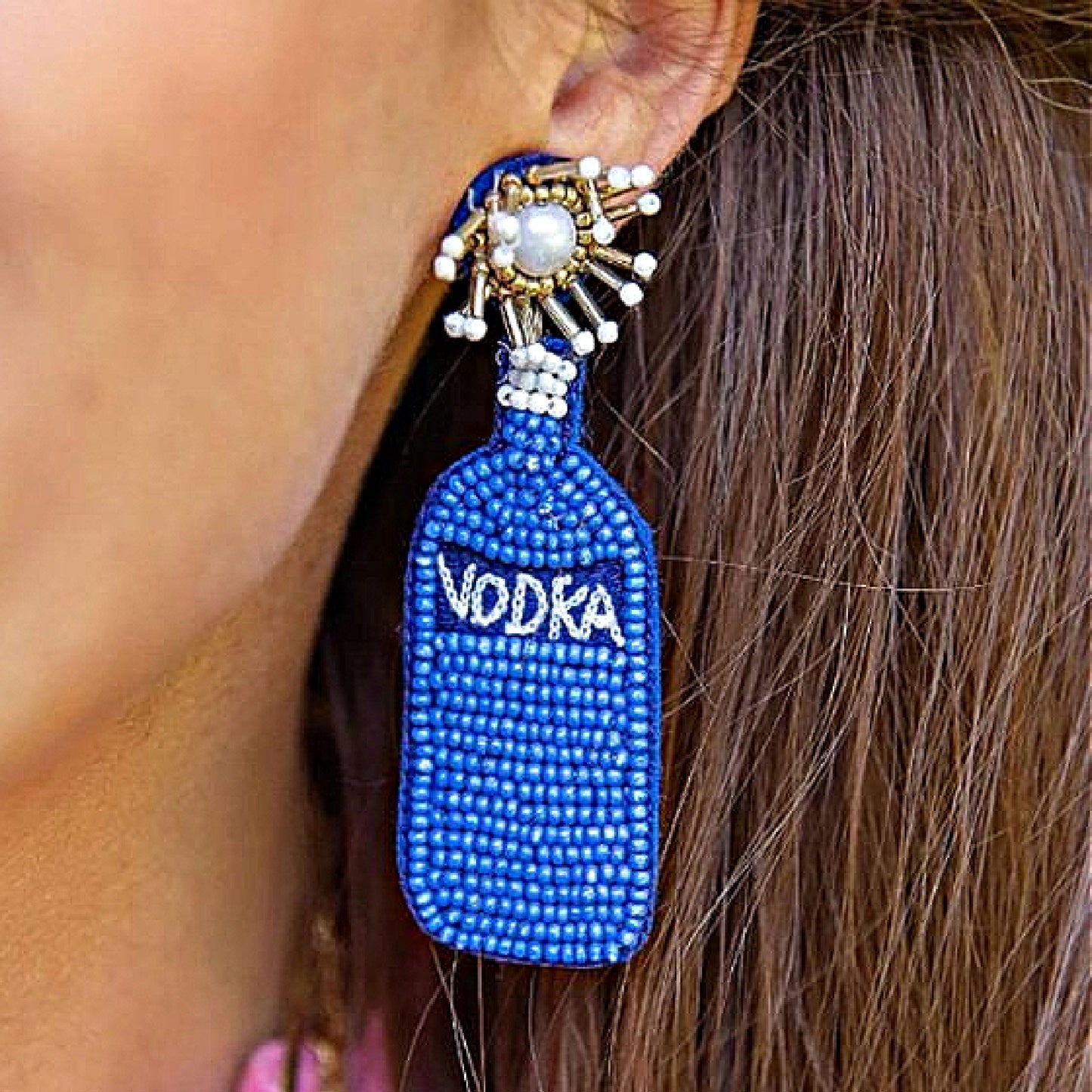 Blue Skyy Vodka Bottle Seed Beaded Party Earrings