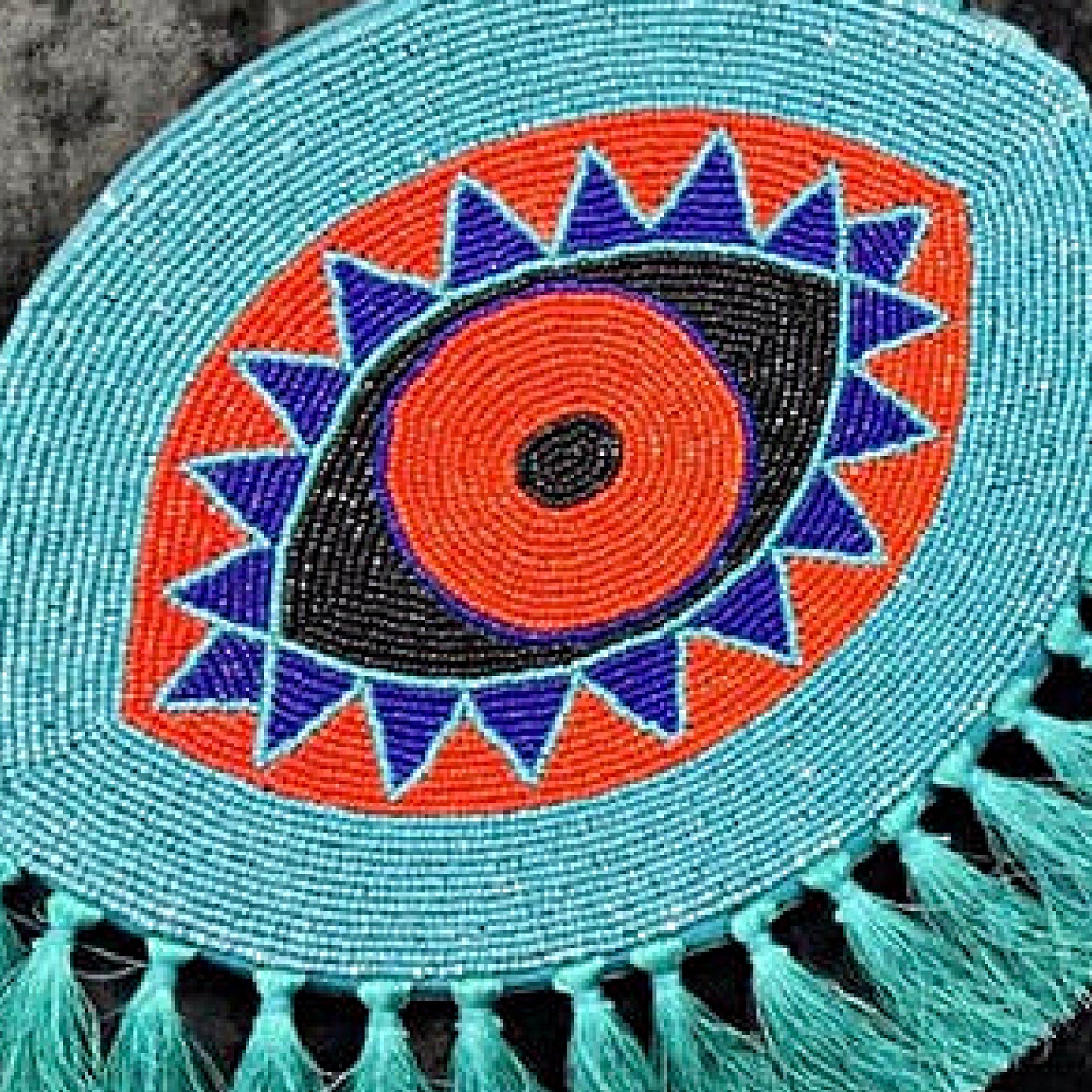 Evil Eye Seed Beaded Tassel Hem Crossbody Clutch