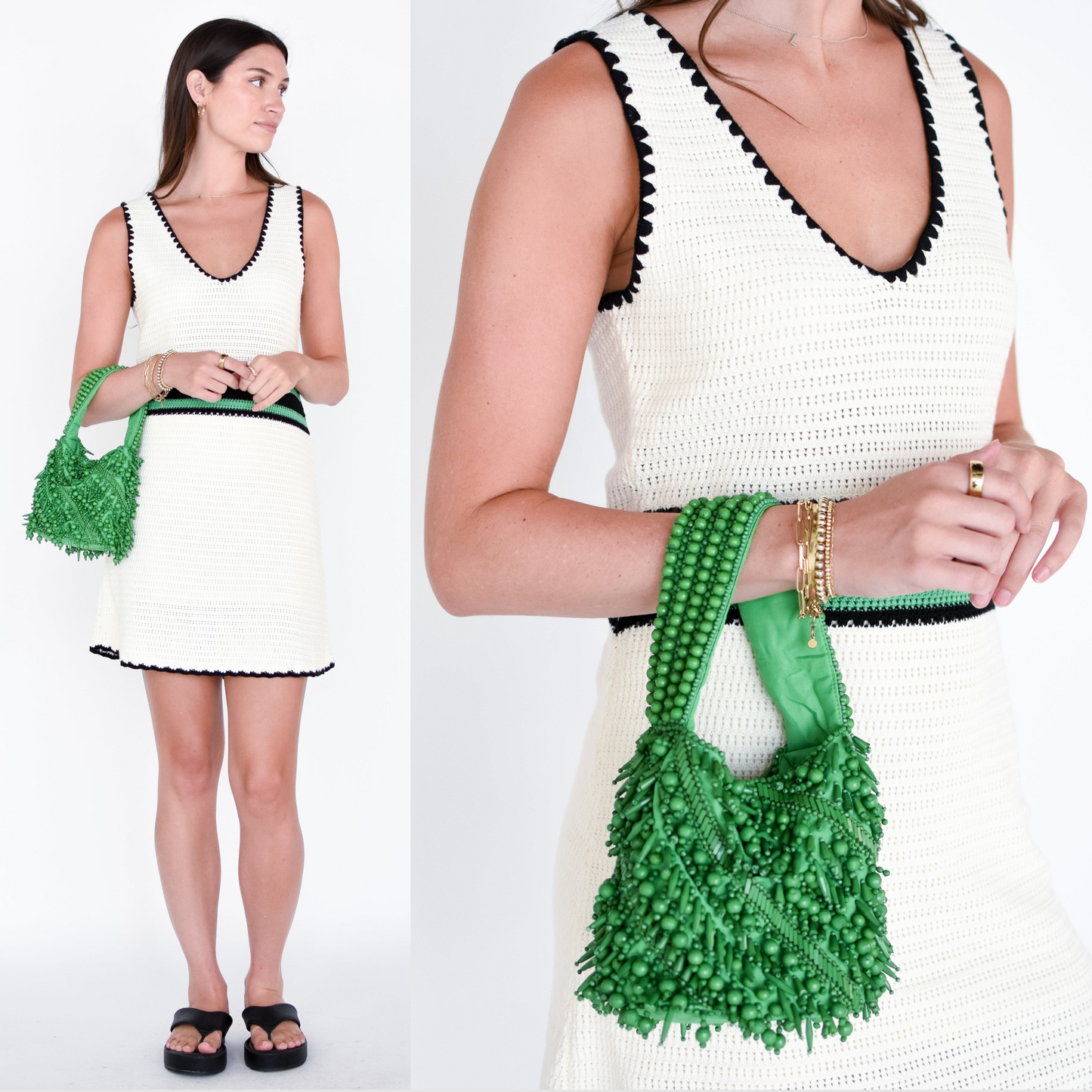 The Averlee Artisan Beaded Mini Bucket Bag in Green