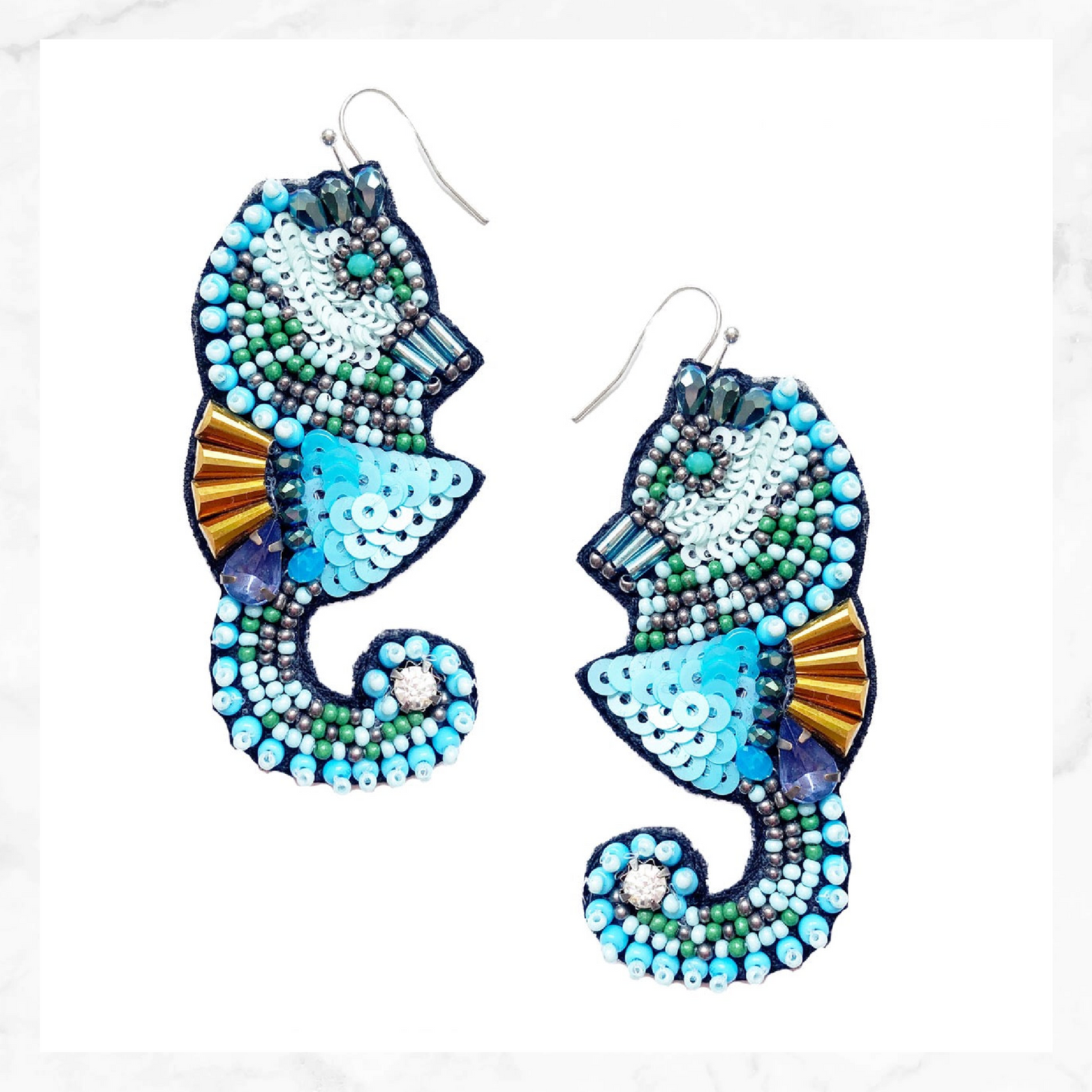 Seed Beaded Sequin Seahorse Earrings