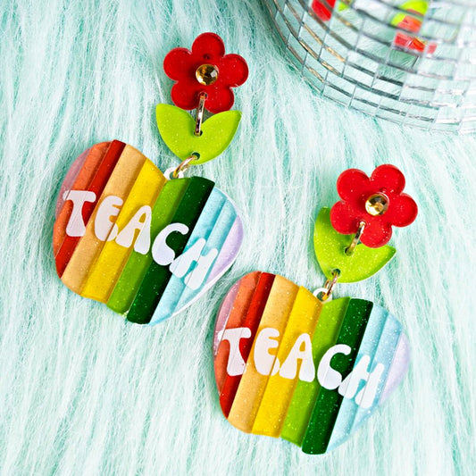 Rainbow Apple Teacher School Theme Floral Earrings