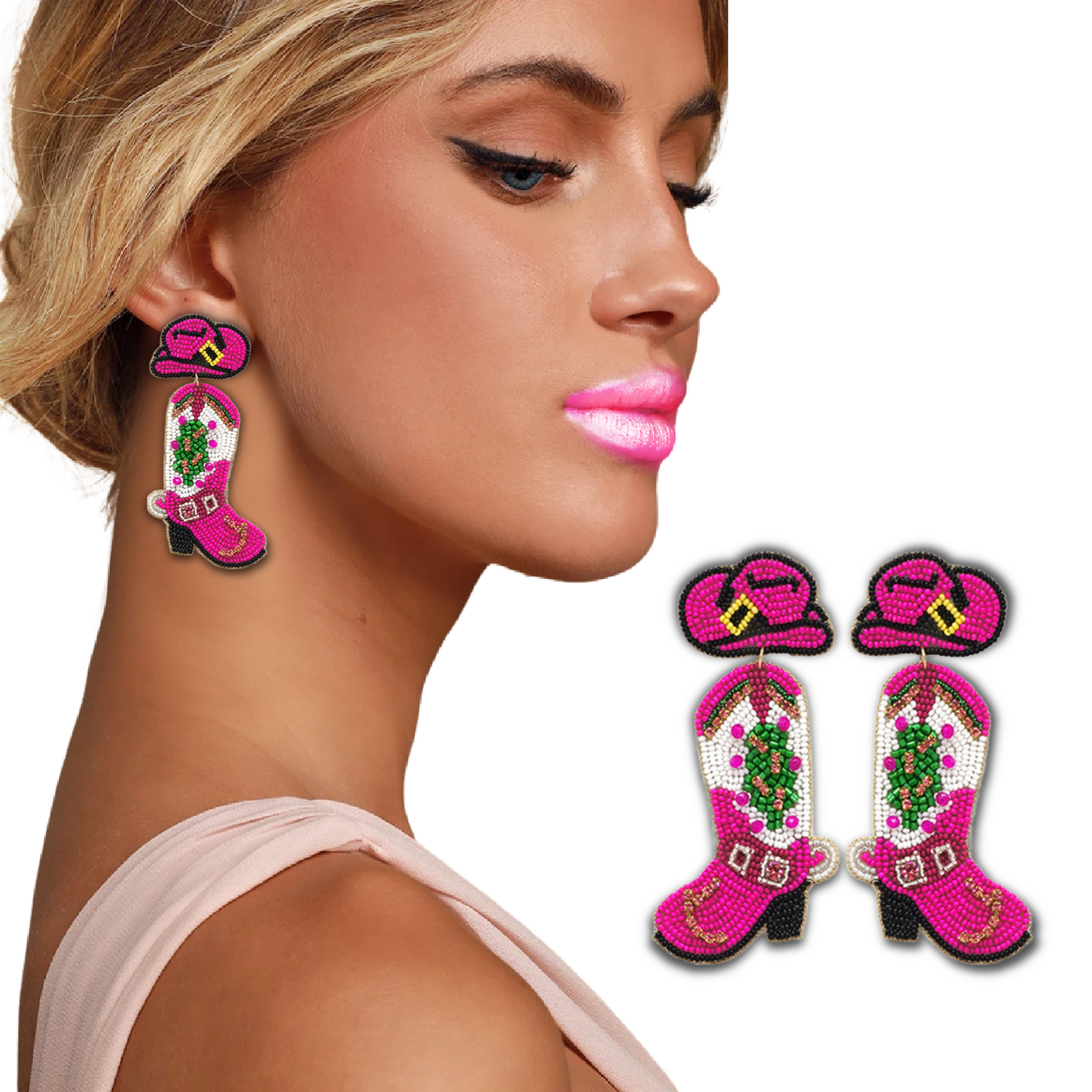 Pink Christmas Beaded Western Theme Boots Earrings