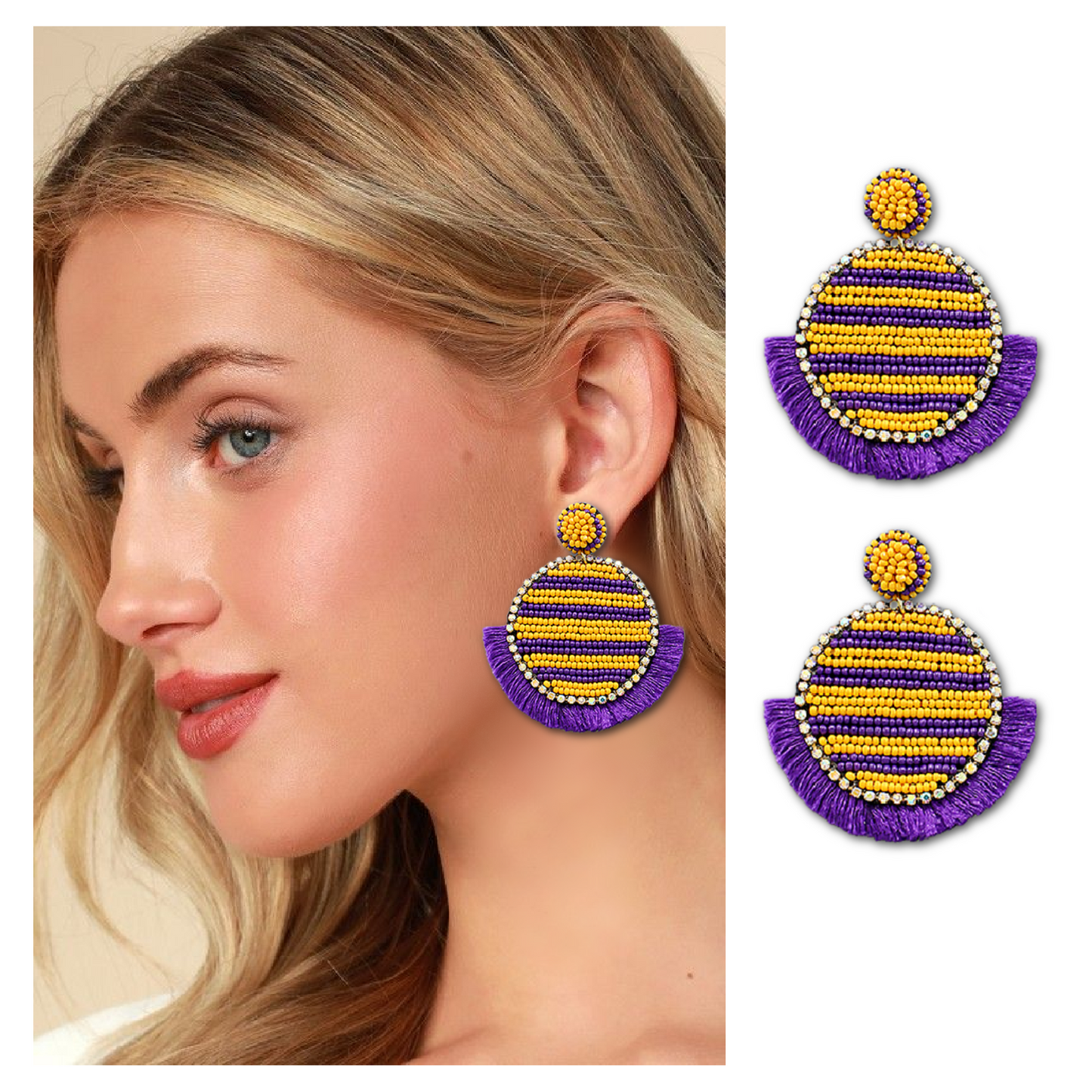 LSU Football Round Fringe Beaded Rhinestone Earrings