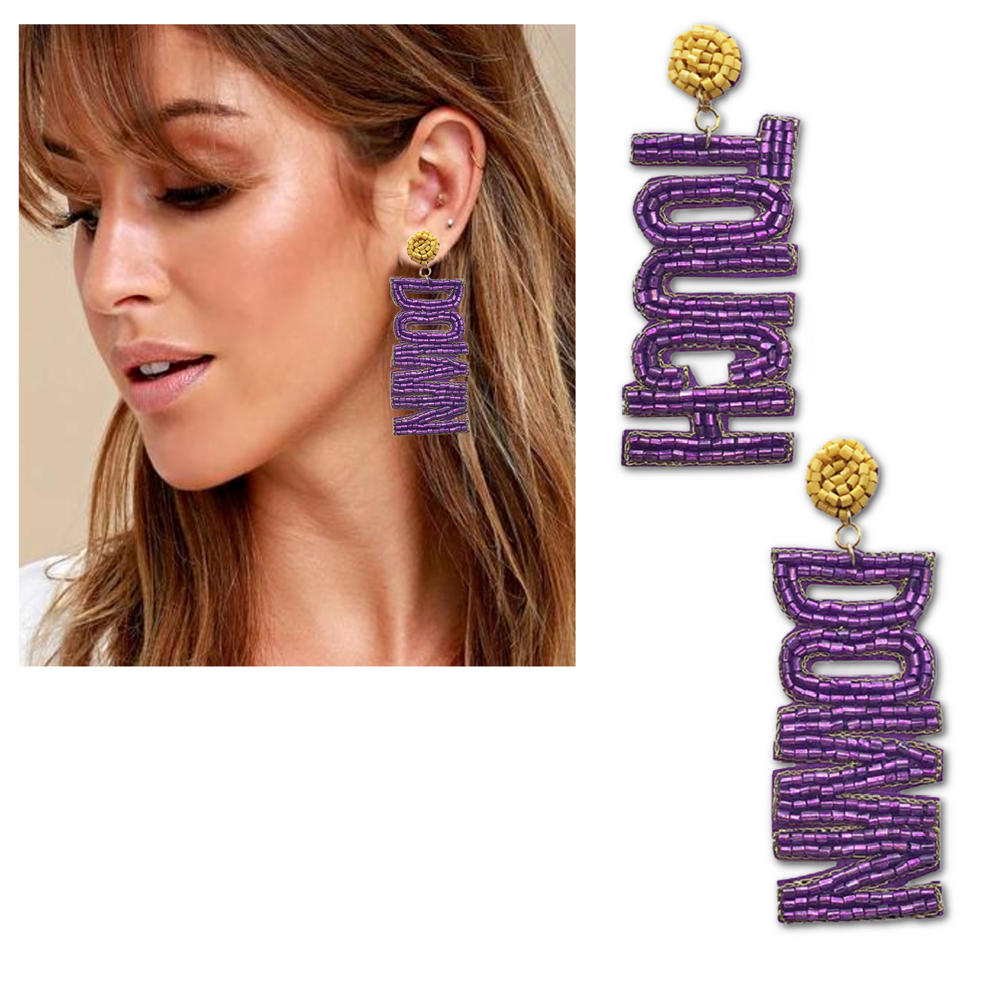 Purple Yellow Football Team Colors TOUCH DOWN Beaded Earrings