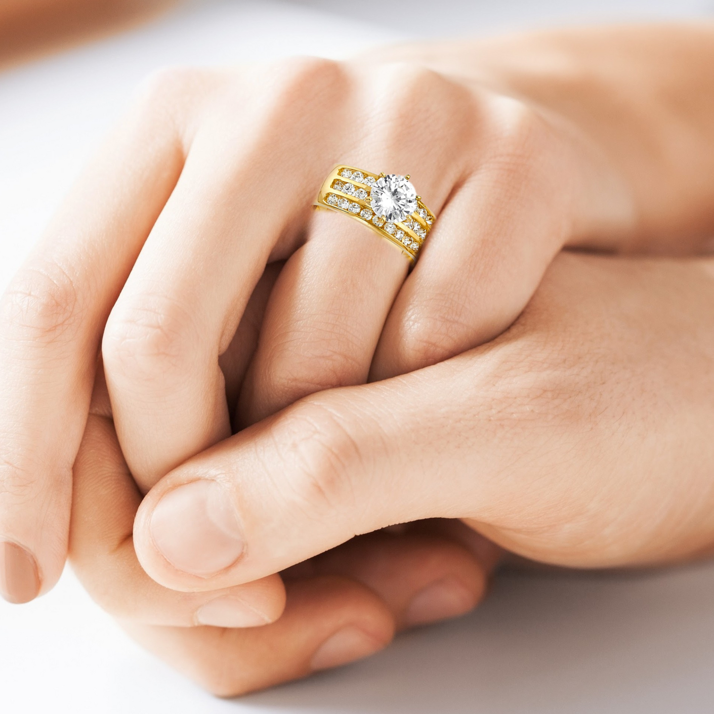 Engagement Solitaire Gem 3-Row Gold Ring