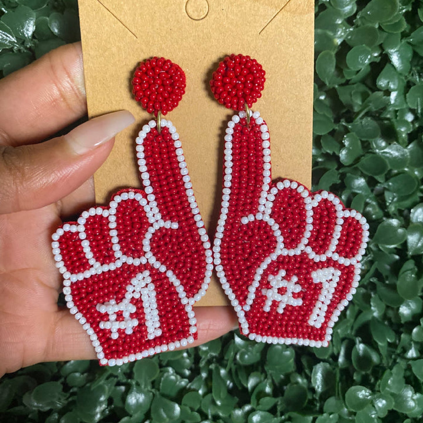 Football Sports Team No 1 Fan Red White Beaded Earrings