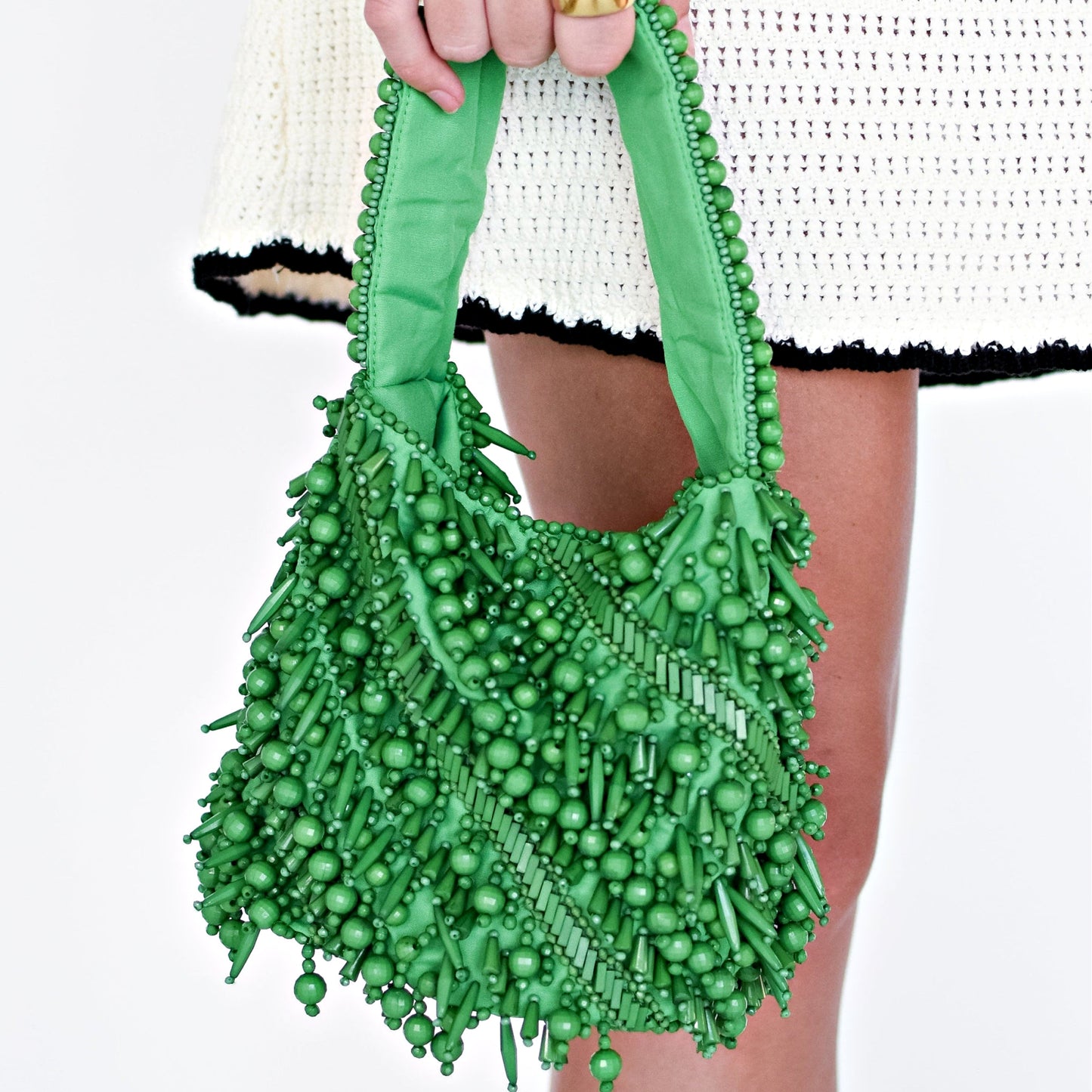 The Averlee Artisan Beaded Mini Bucket Bag in Green