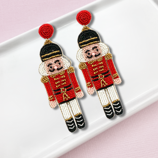 Nutcracker Soldier Christmas Red Beaded Holiday Earrings