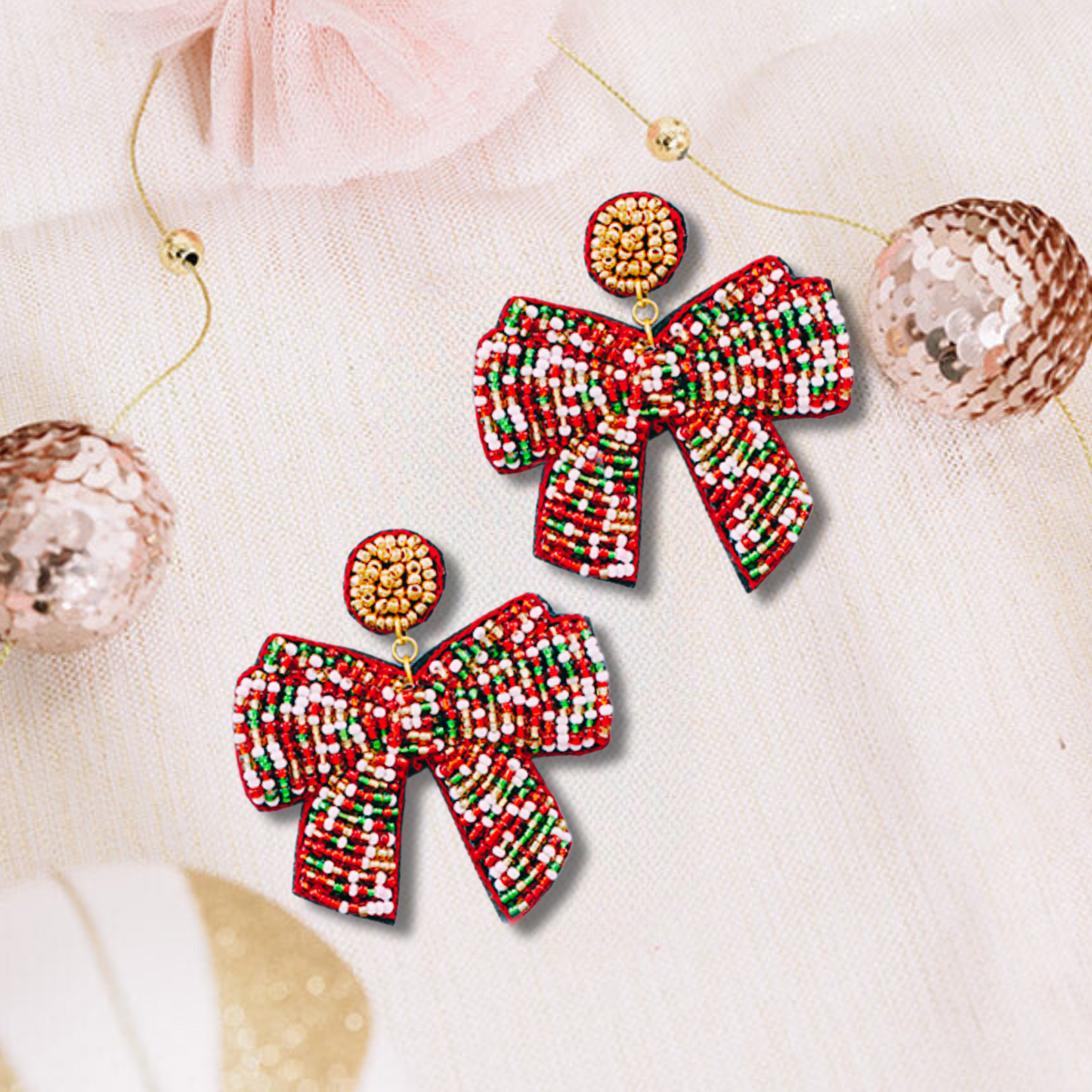 Christmas Ribbon Seed Beaded Statement Gift Bow Earrings