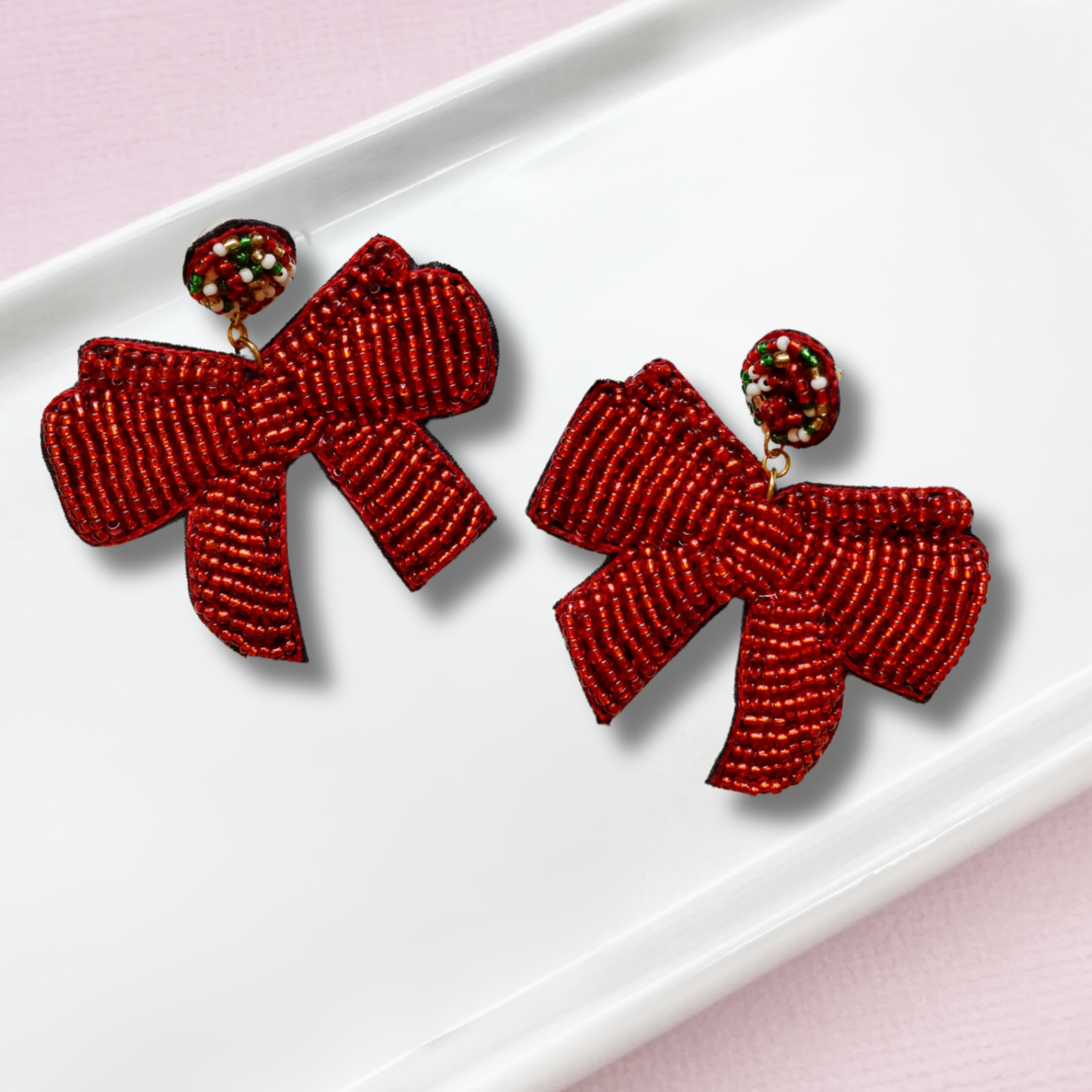Christmas Ribbon Seed Beaded Statement Gift Bow Earrings