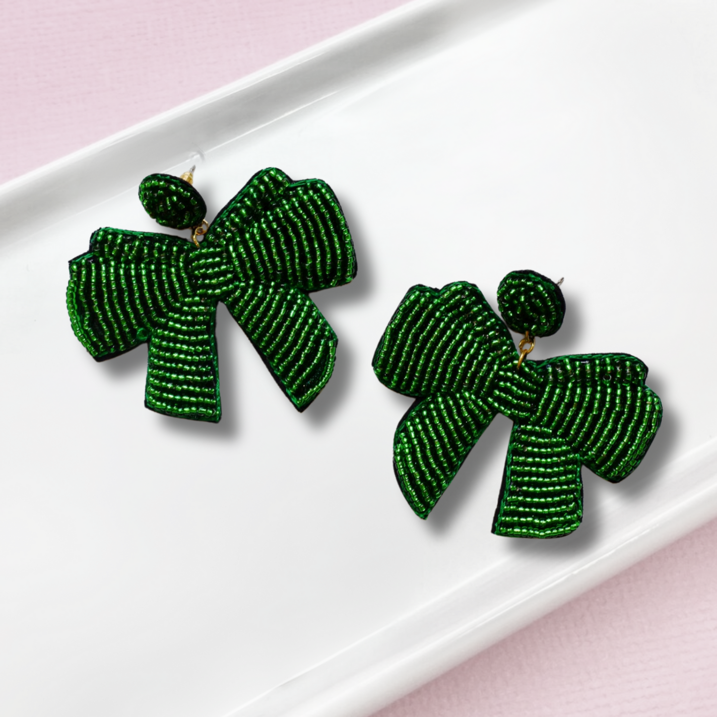 Christmas Ribbon Seed Beaded Statement Gift Bow Earrings