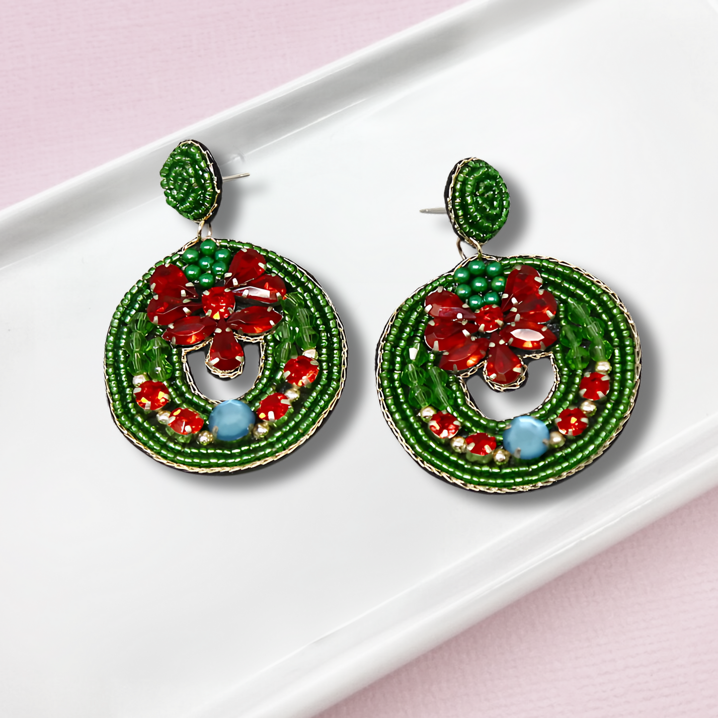 Gem Embellished Beaded Christmas Holiday Wreath Earrings