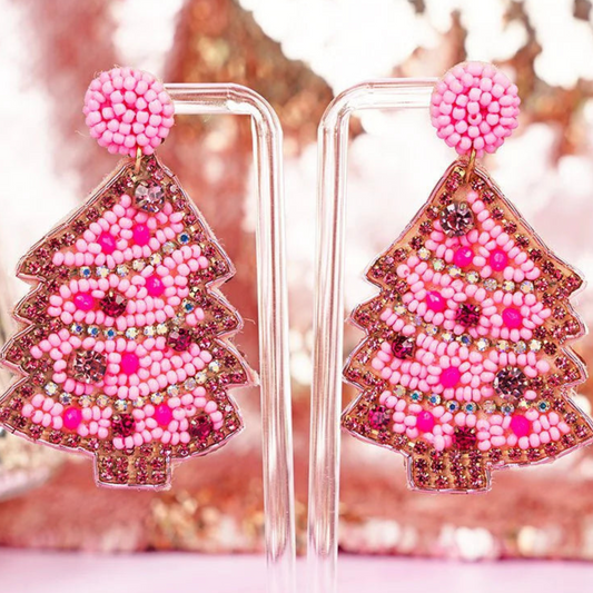 Pink Christmas Tree Crystal Rhinestone Beaded Earrings