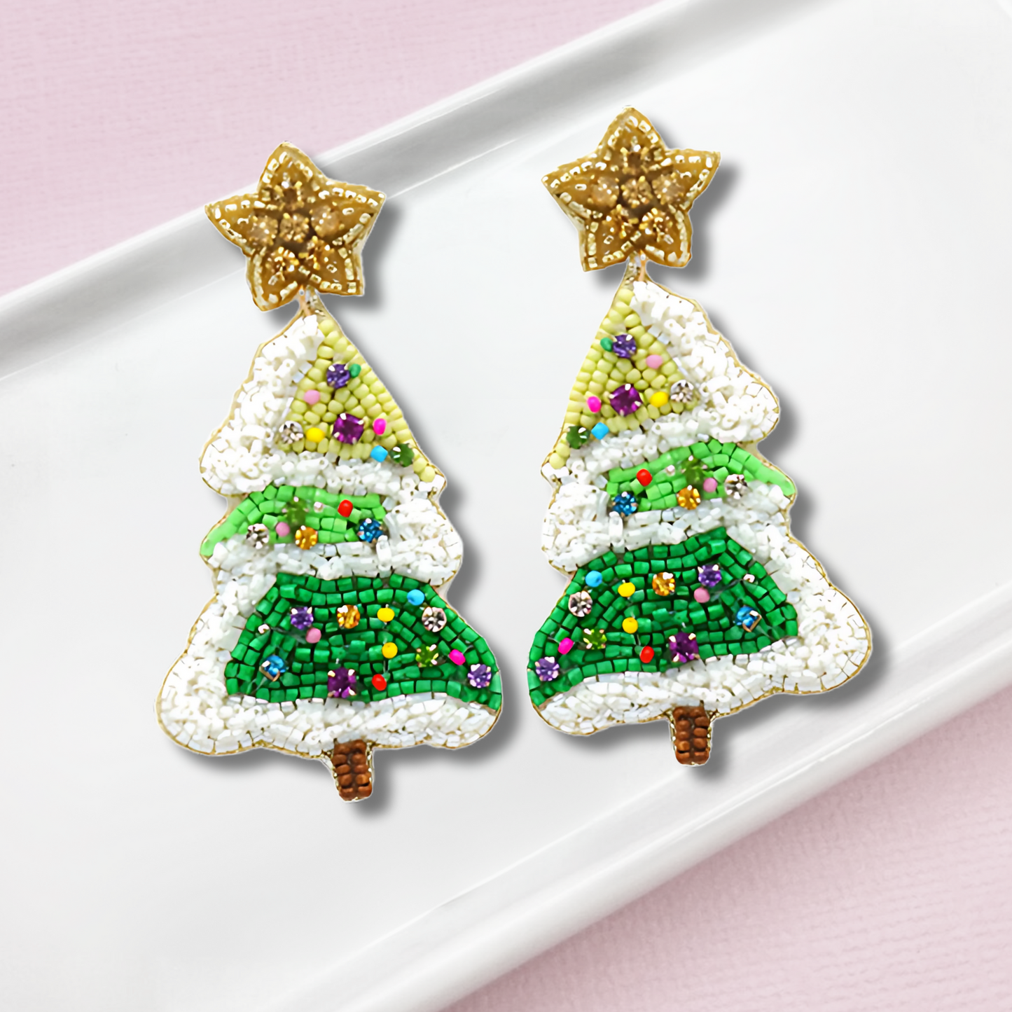 Flocked  Christmas Tree Crystal Seed Beaded Earrings