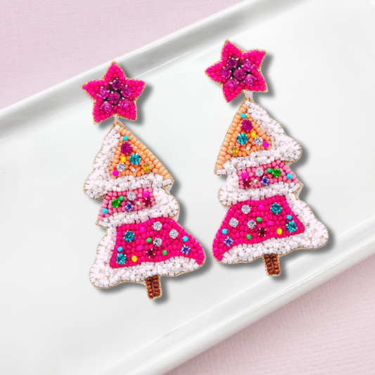Flocked  Christmas Tree Crystal Seed Beaded Earrings