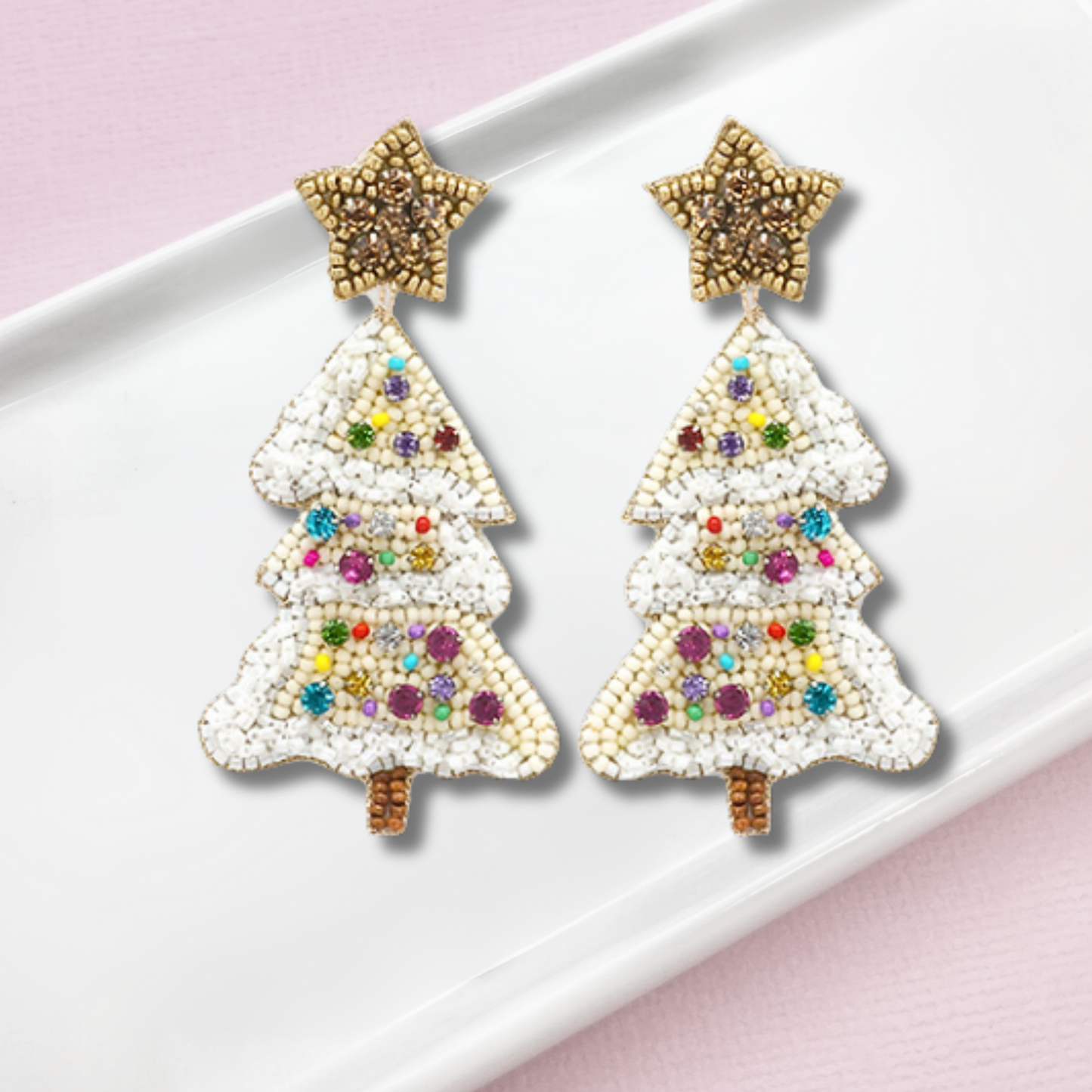 Flocked  Christmas Tree Crystal Seed Beaded Earrings
