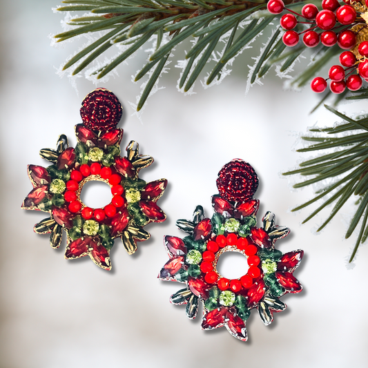 Austrian Crystal CZ Rhinestones Beaded Christmas Wreath Earrings