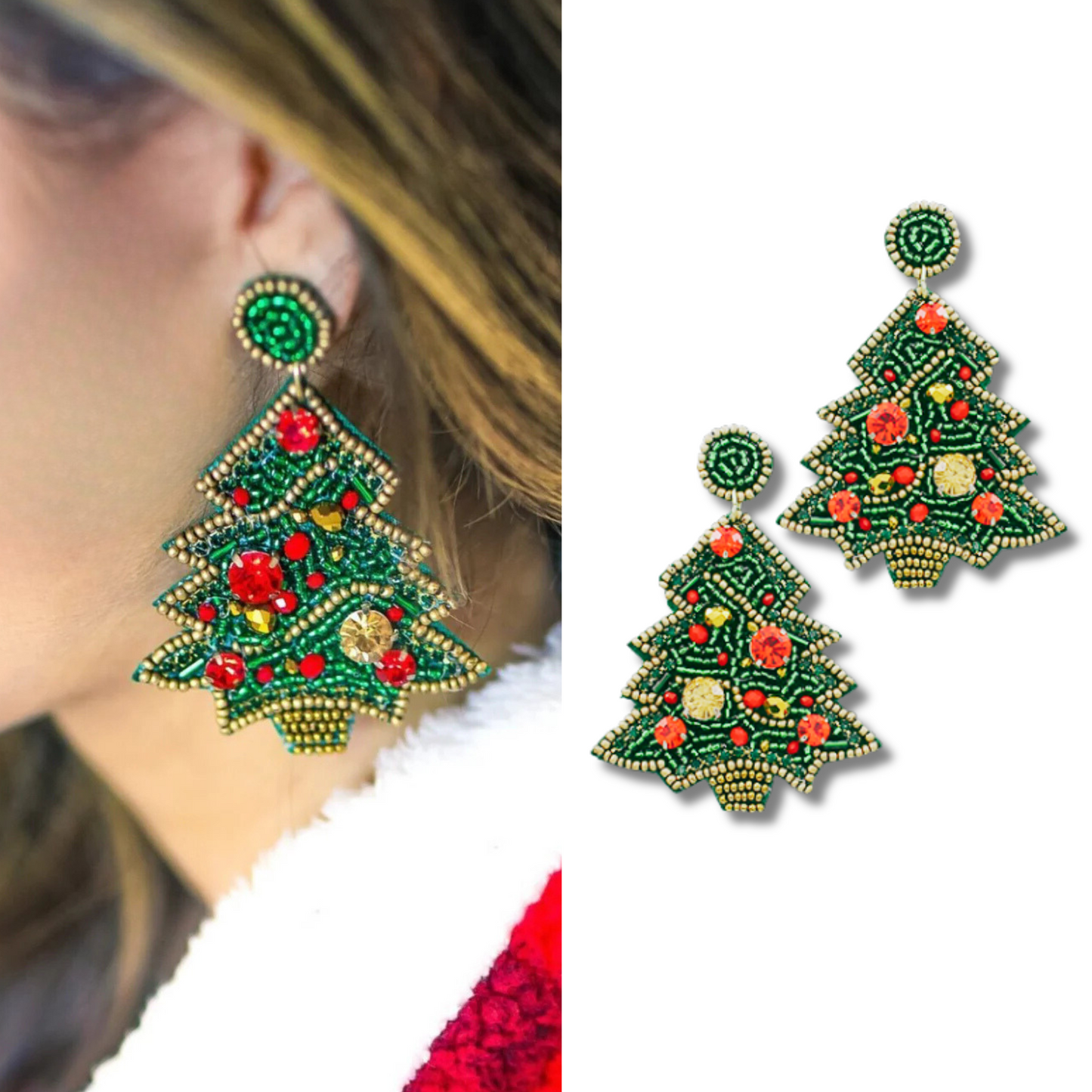 Crystal Gem Christmas Tree Seed Beaded Earrings