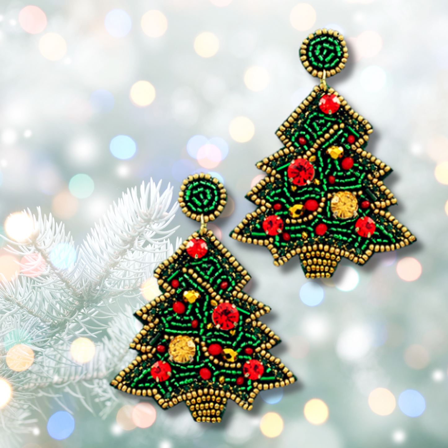 Crystal Gem Christmas Tree Seed Beaded Earrings