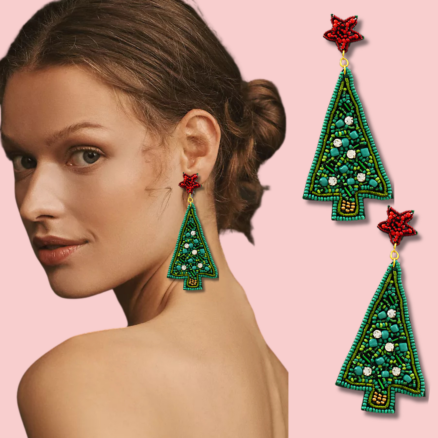 Tall Rhinestone Christmas Tree Seed Beaded Earrings