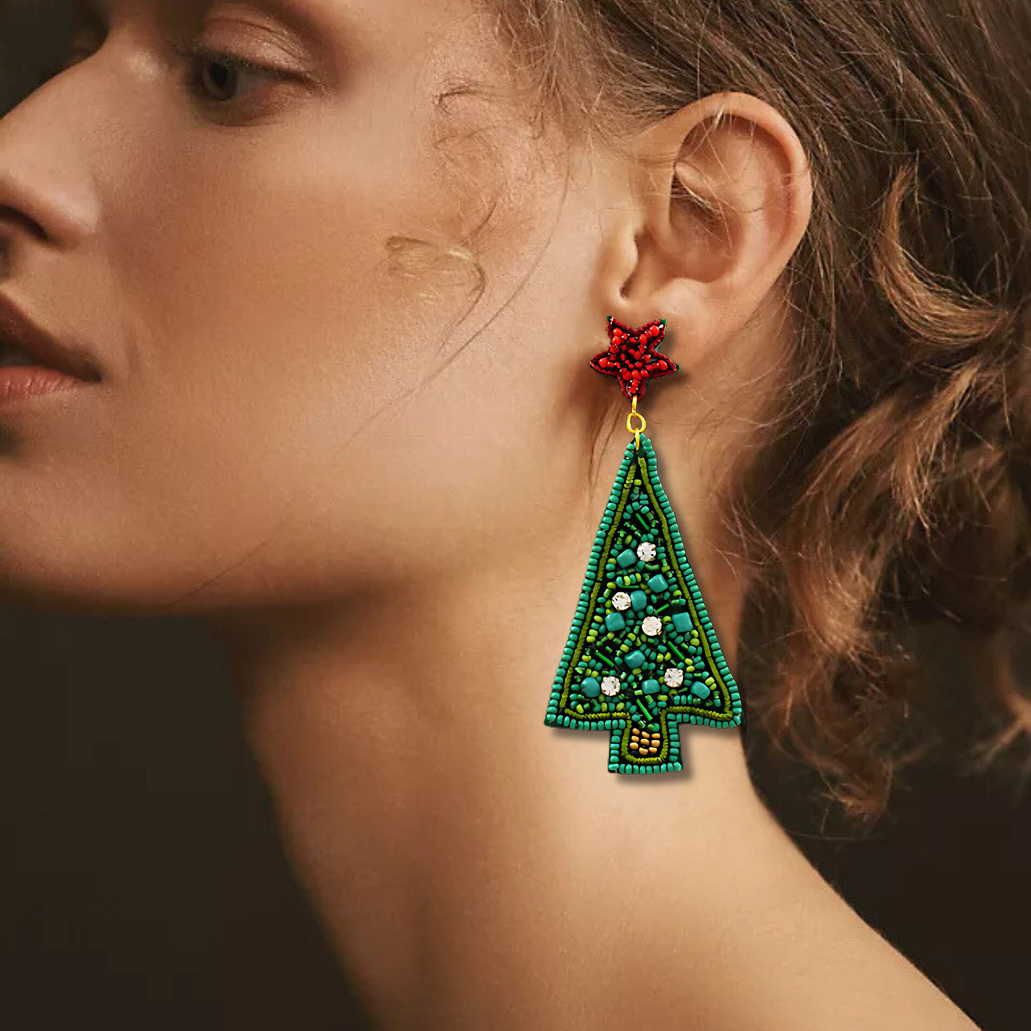 Tall Rhinestone Christmas Tree Seed Beaded Earrings