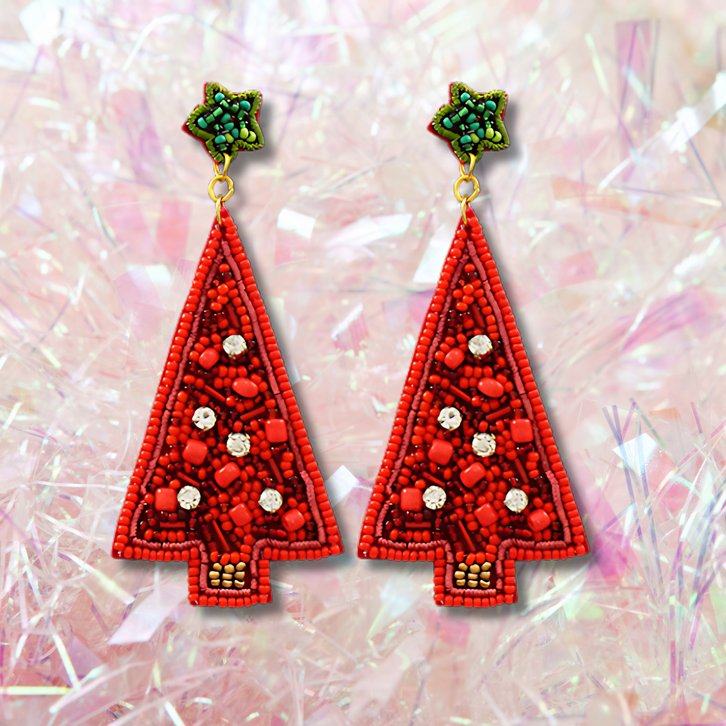Tall Rhinestone Christmas Tree Seed Beaded Earrings