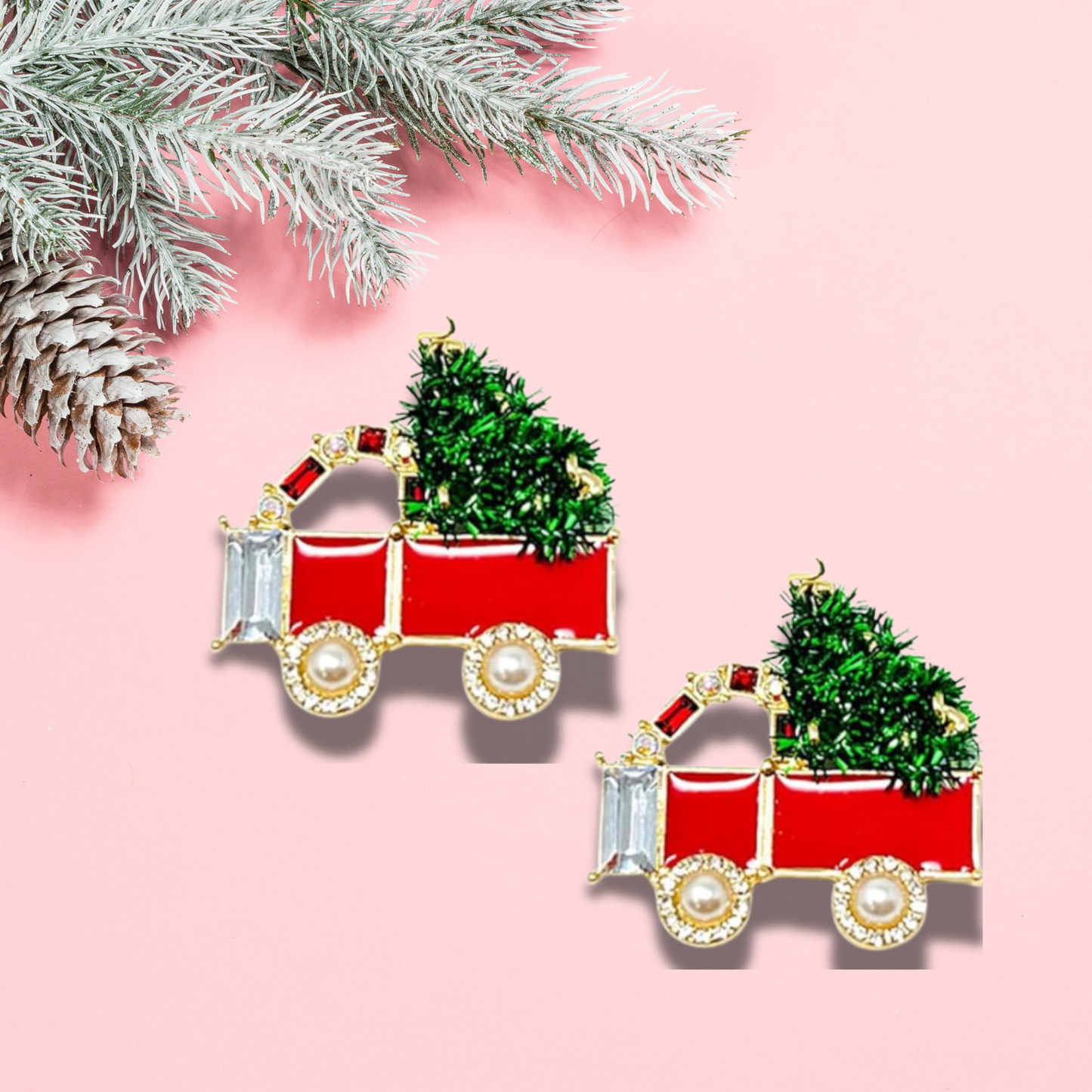 Christmas Tree Truck Haul Crystal Accent Holiday Earrings