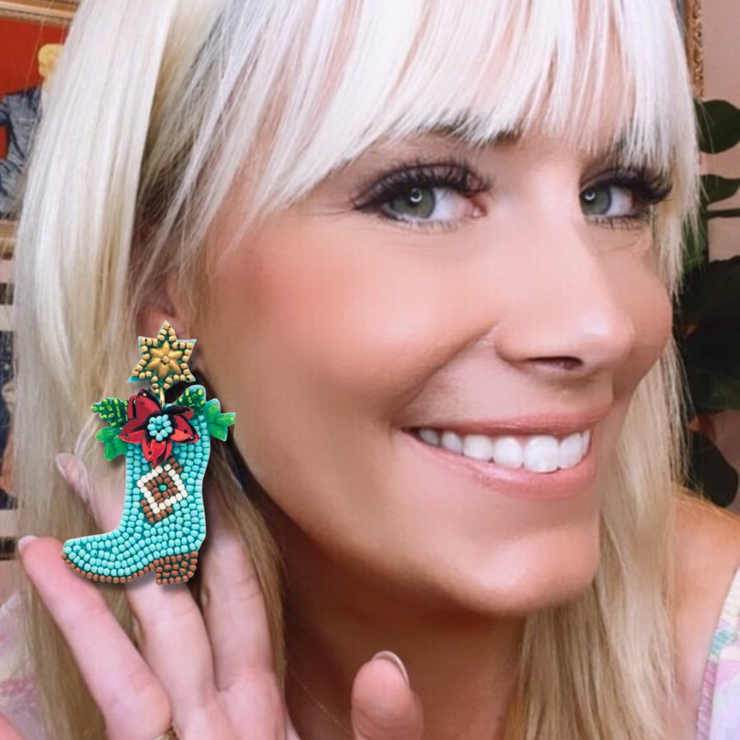 Christmas Beaded Western Boots Star Flower Earrings