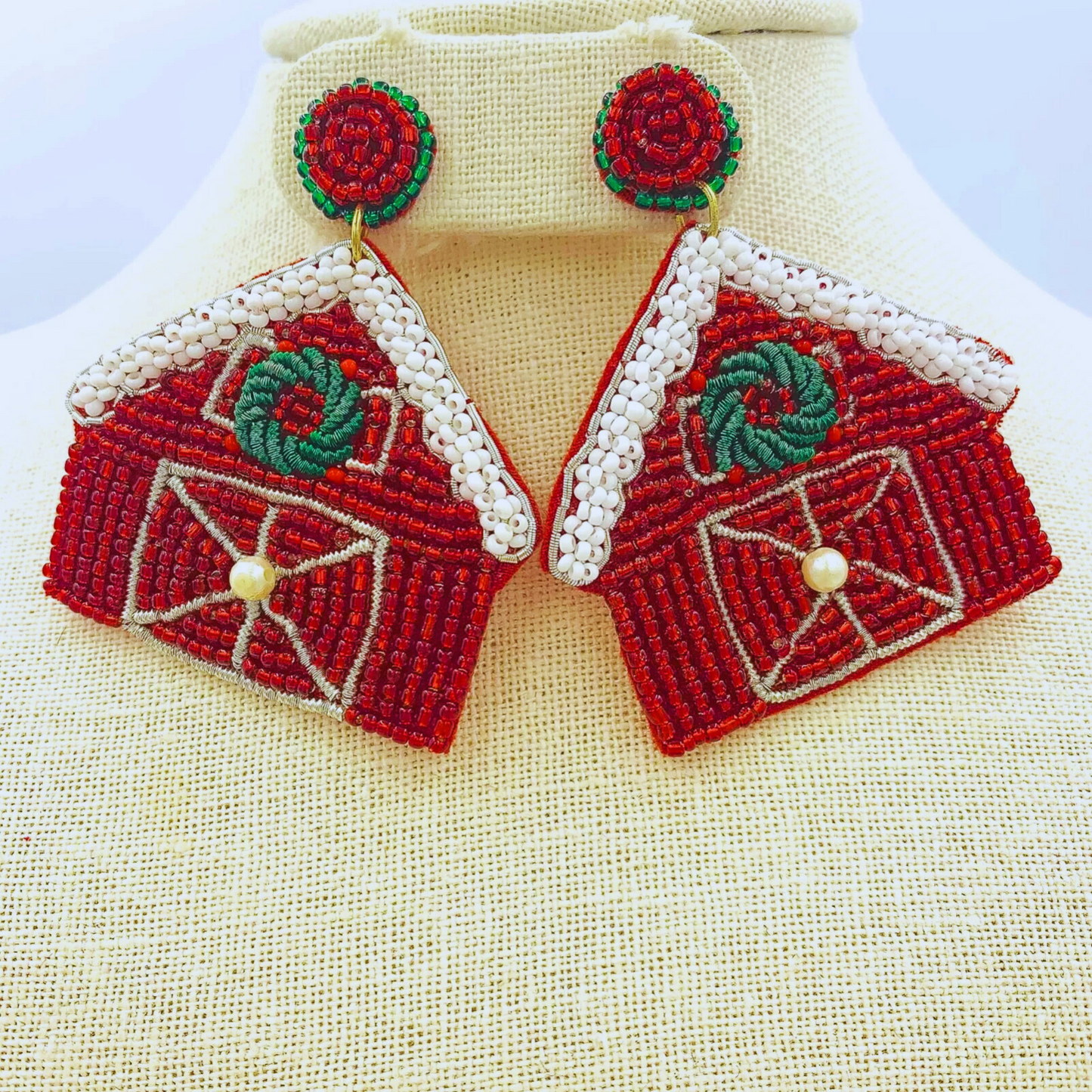 Country Christmas Beaded Western Red Barn Farm Earrings