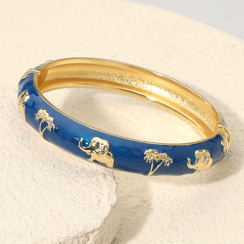 Africa Elephant Theme Enamel Hinged Bangle Bracelet