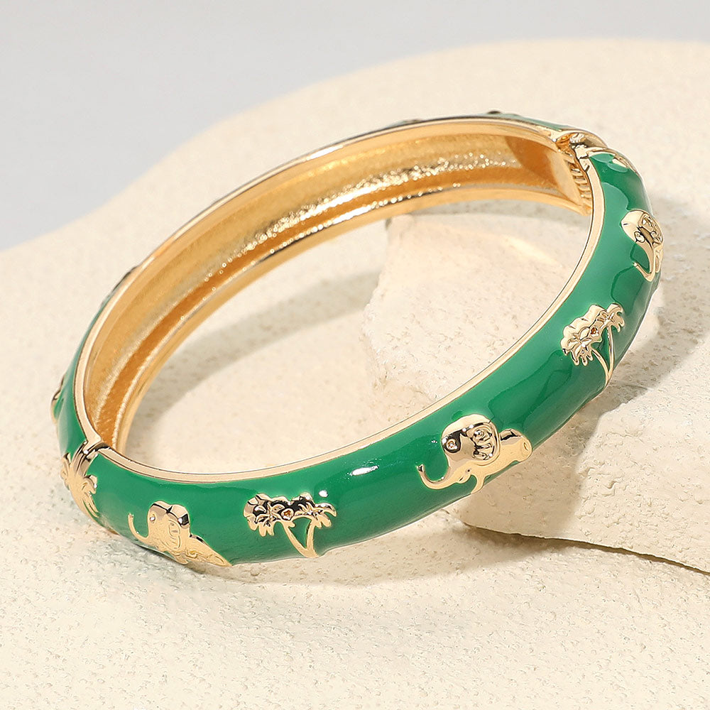 Africa Elephant Theme Enamel Hinged Bangle Bracelet