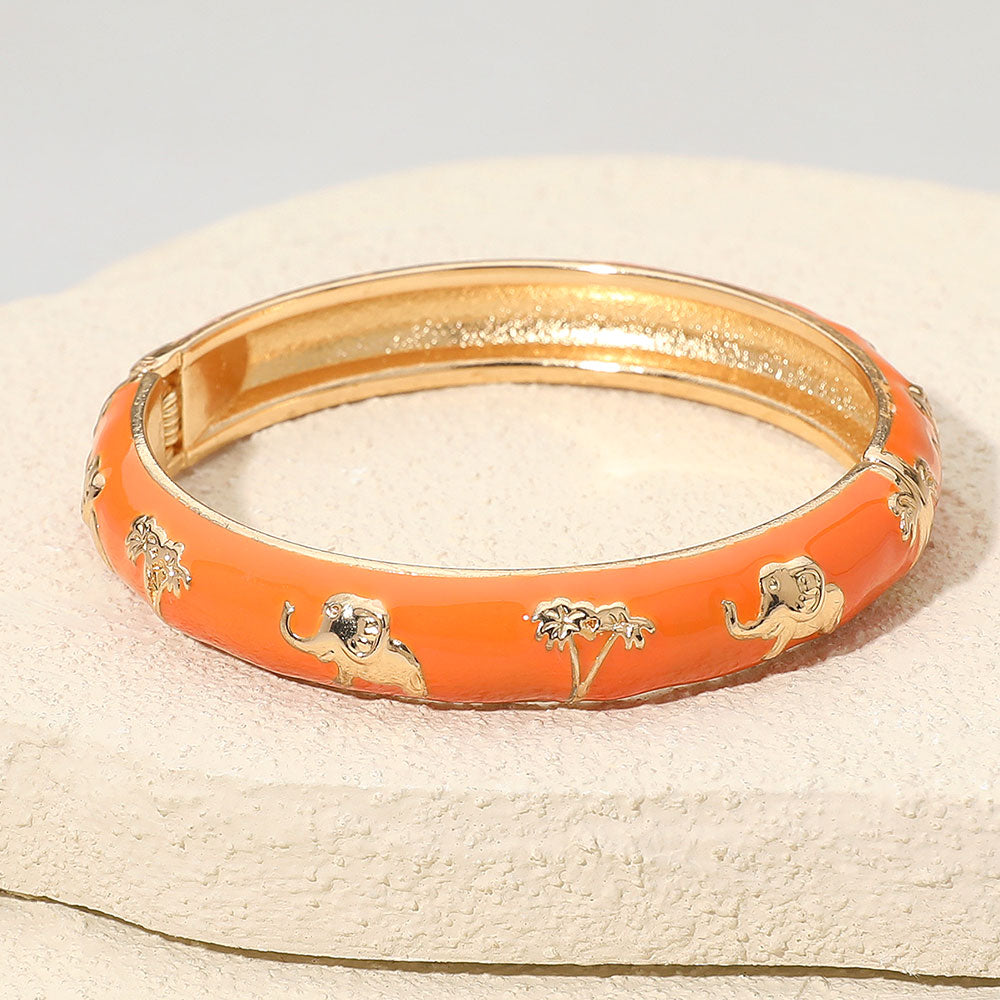 Africa Elephant Theme Enamel Hinged Bangle Bracelet