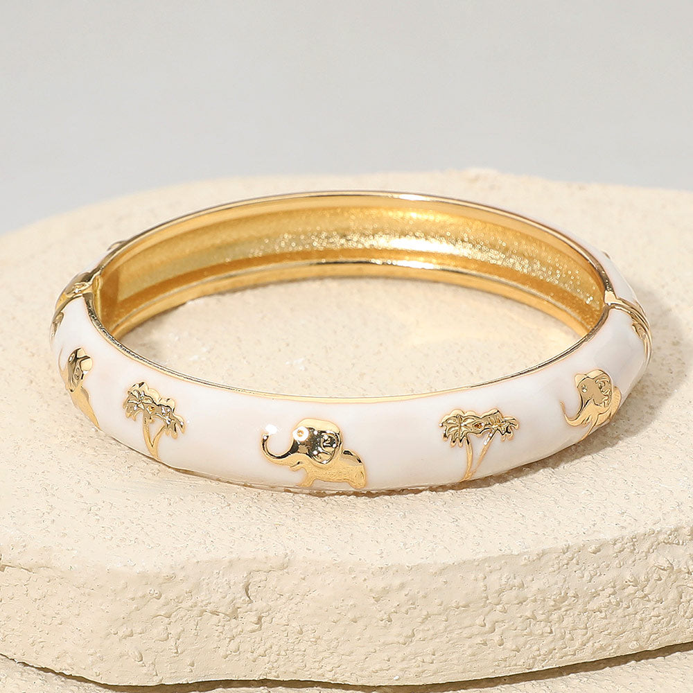 Africa Elephant Theme Enamel Hinged Bangle Bracelet