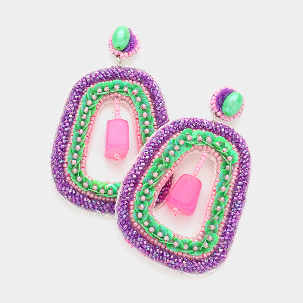 Violet Beaded Pearl Drop Geometric Earrings