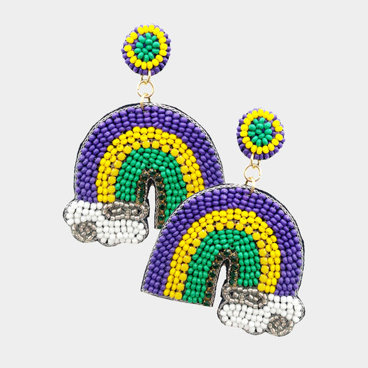 Mardi Gras Beaded Rainbow Dangle Earrings