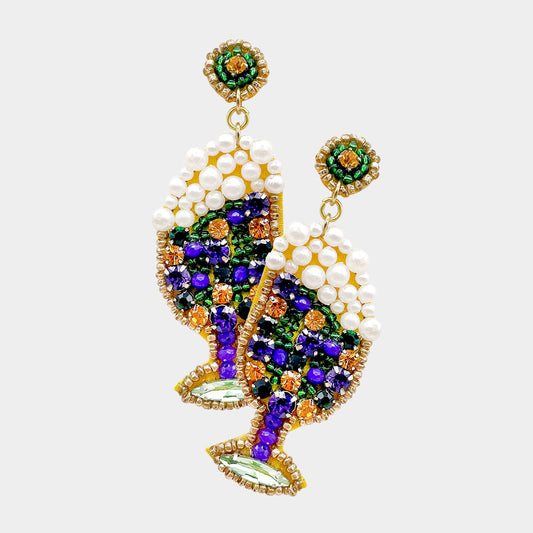 Mardi Gras Pearl Bead & Rhinestone Champagne Glass Earrings