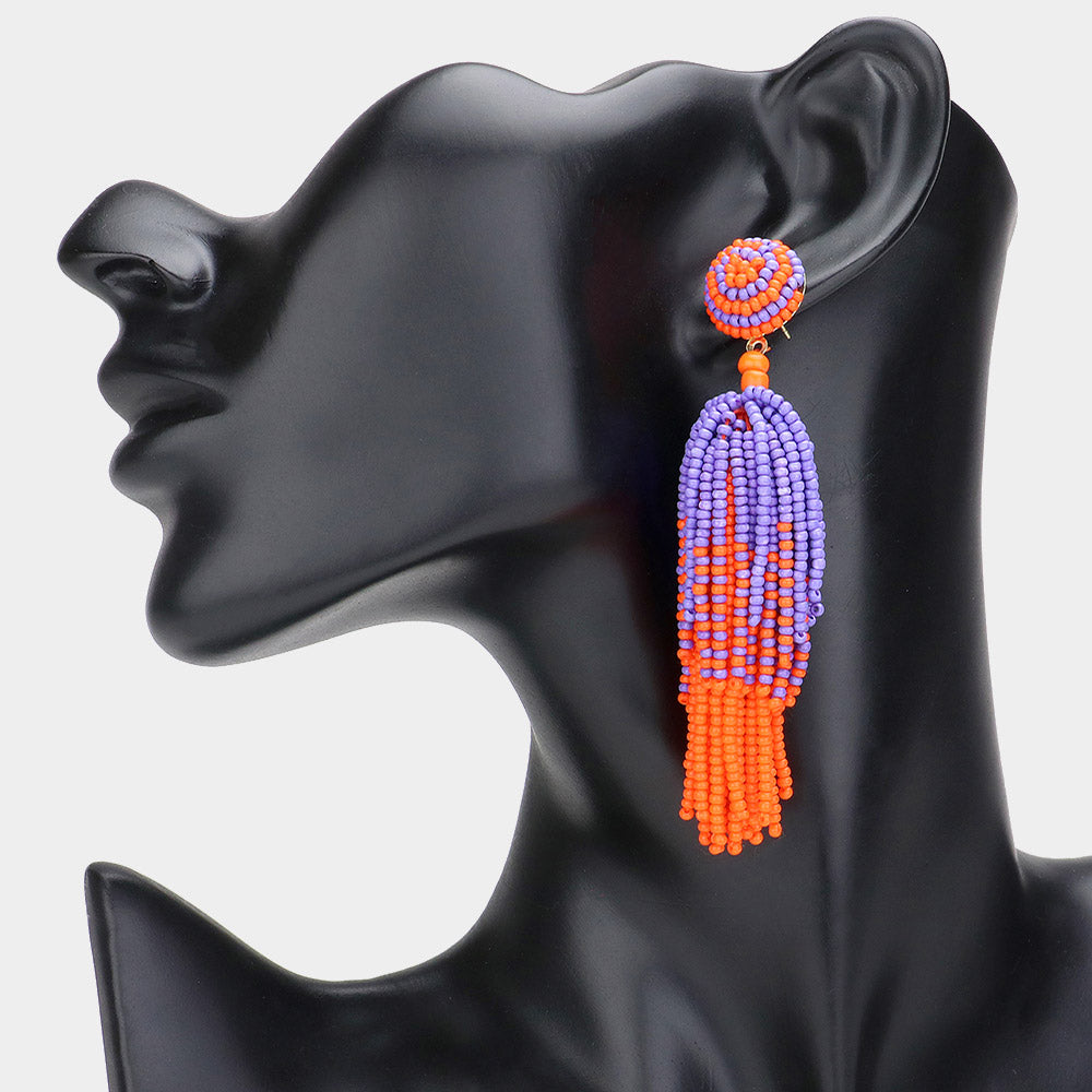 Clemson Team Colors Orange Purple Beaded Tassel Earrings