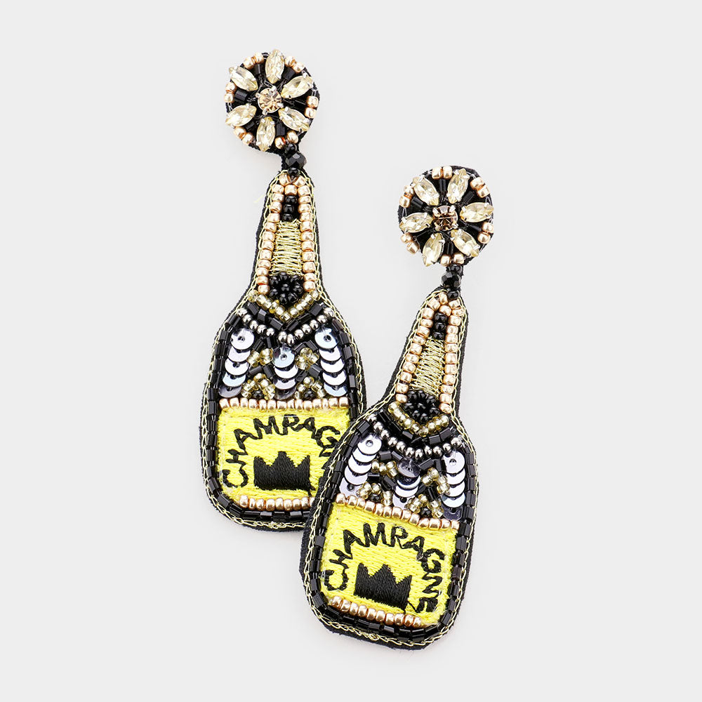 Black Gold Champagne Bottle Crystal Beaded Earrings