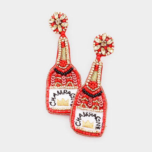 Red Champagne Bottle Crystal Beaded Earrings