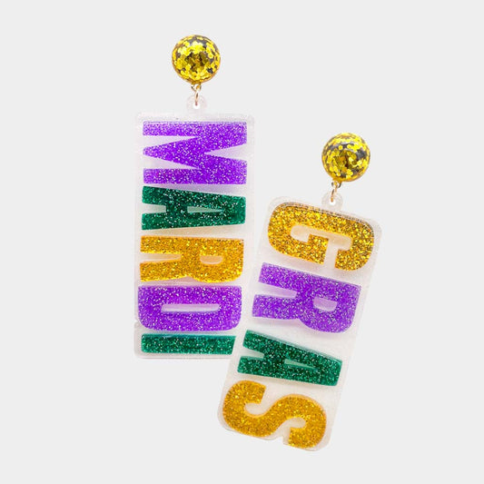 MARDI GRAS Glitter Acrylic Word Earrings