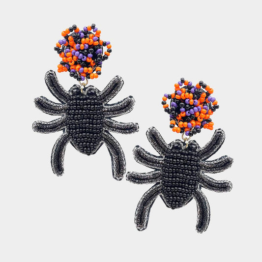 Halloween Spider Seed Beaded Pom-Pom Earrings