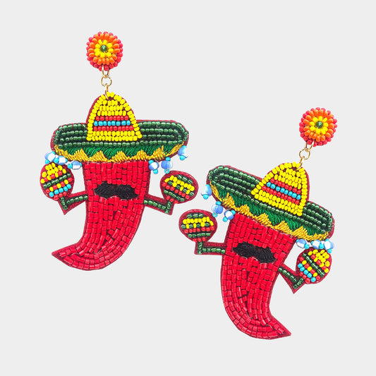 Mexican Fiesta Chili Pepper Mariachi Bead Earrings