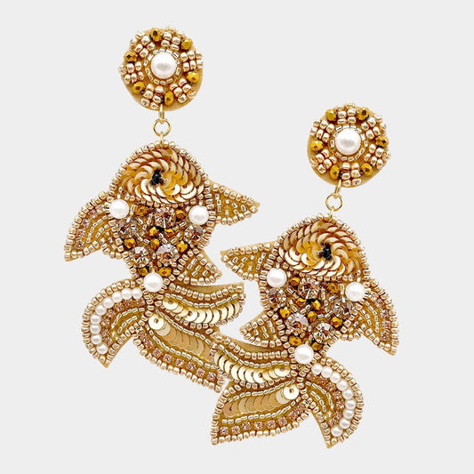 Seed Beaded Pearl Sequin Gold Fish Earrings