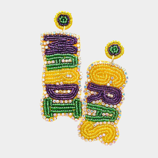 Mardi Gras Words Beaded Earrings