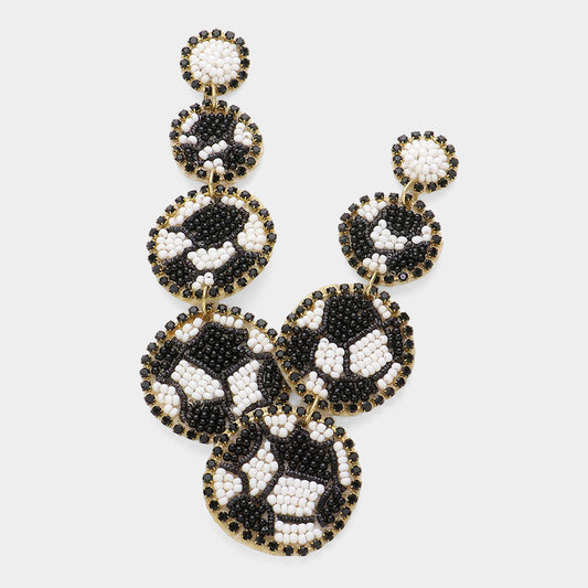Triple Soccer Ball Seed Beaded Rhinestone Earrings