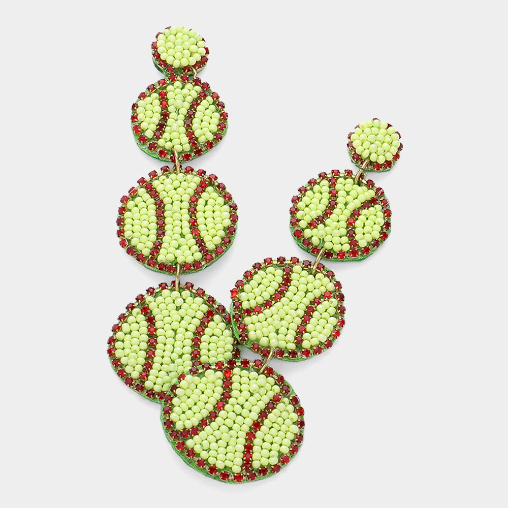 Softball Beaded Rhinestone 3-Tier Dangle Earrings