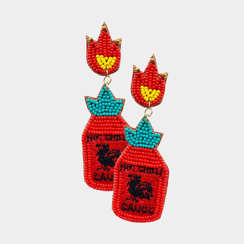 Hot Chili Sriracha Sauce Flaming Bottle Beaded Earrings