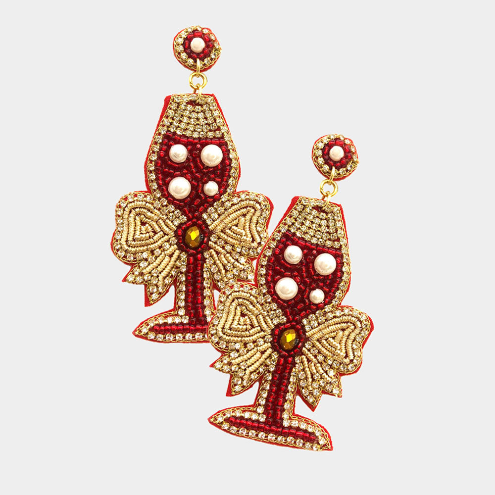 Champagne Flute Pearl Seed Beaded Crystal Earrings